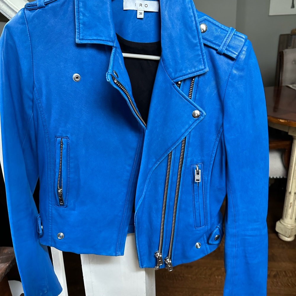 IRO Blue Leather Motorcycle Jacket Asymmetrical Zipper